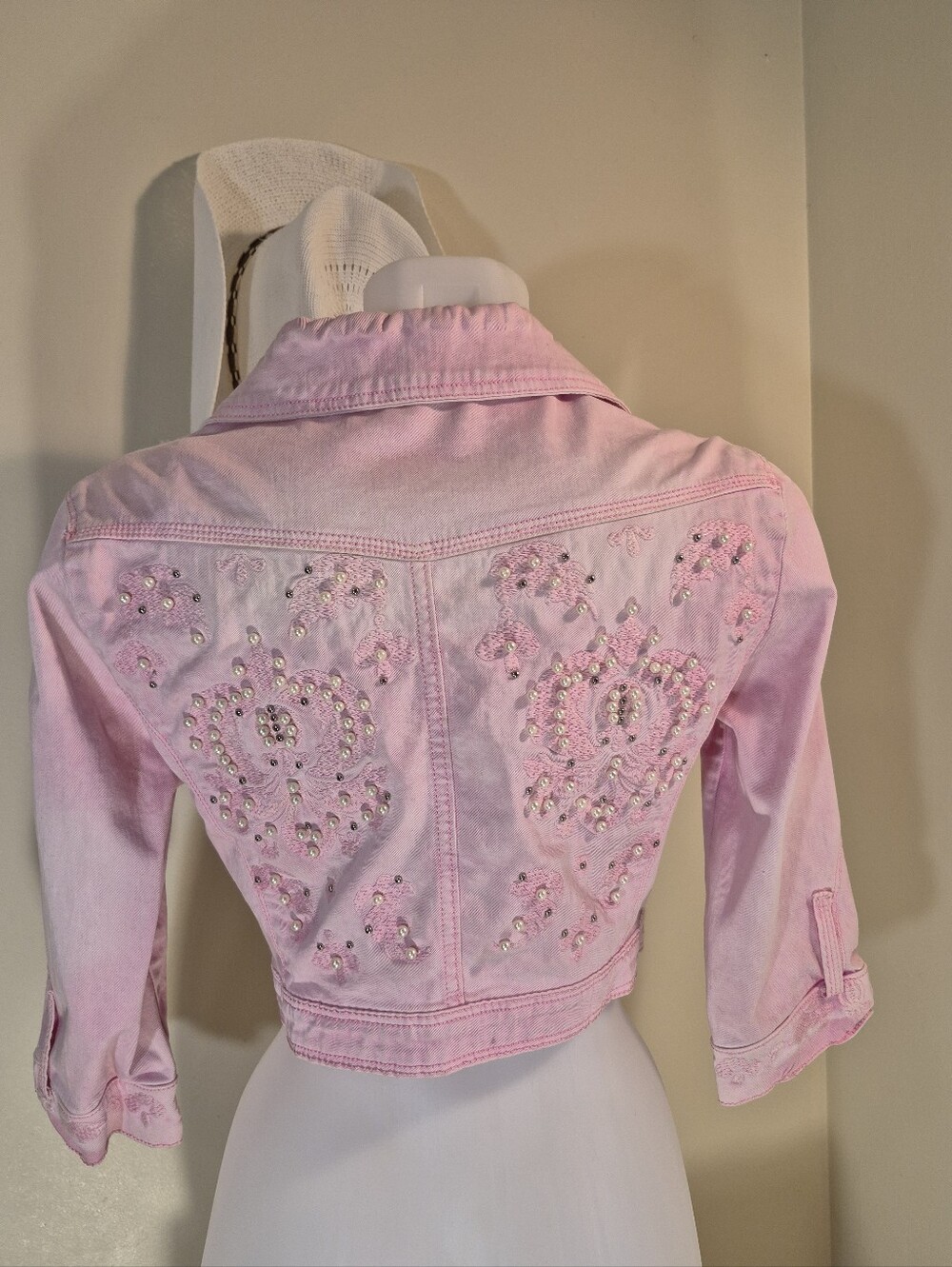 Unique Cool Cropped Pink Denim Jean Jacket Embroidered Pearl Beads Studs Rodeo